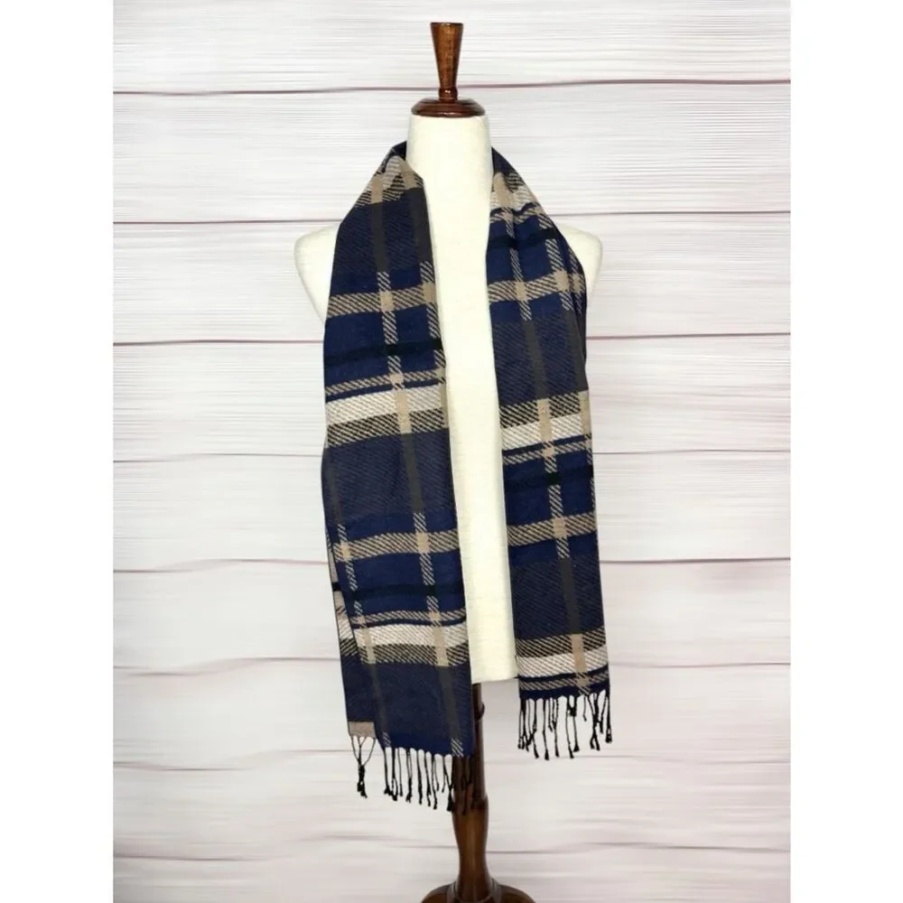 Club Room Silk Scarf Brushed Wool Feel Navy Tan Plaid Fringe Soft Warm 67x12